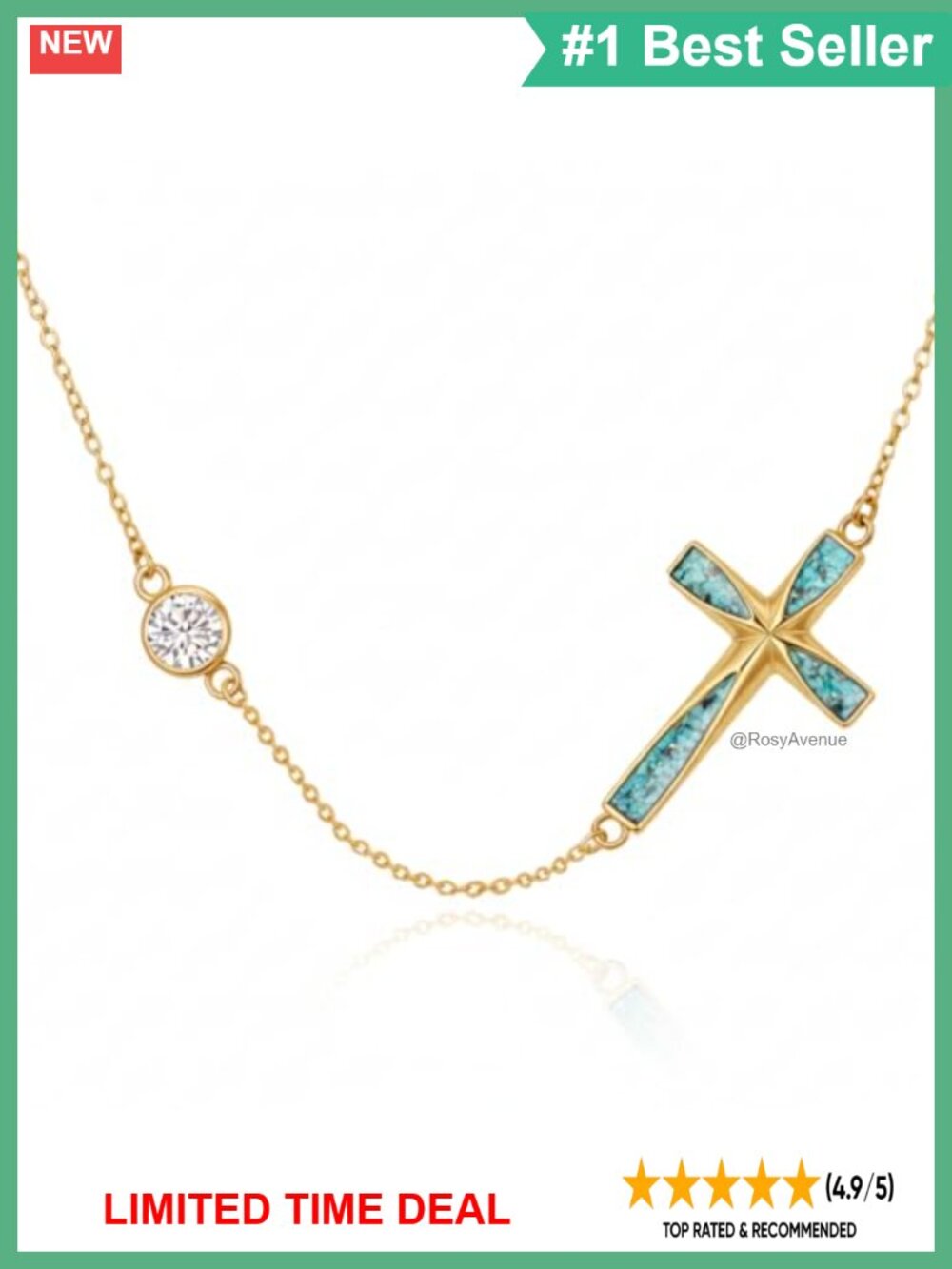 14K Gold Plated Sideways Cross Necklace Turquoise Inlay Christian Gift